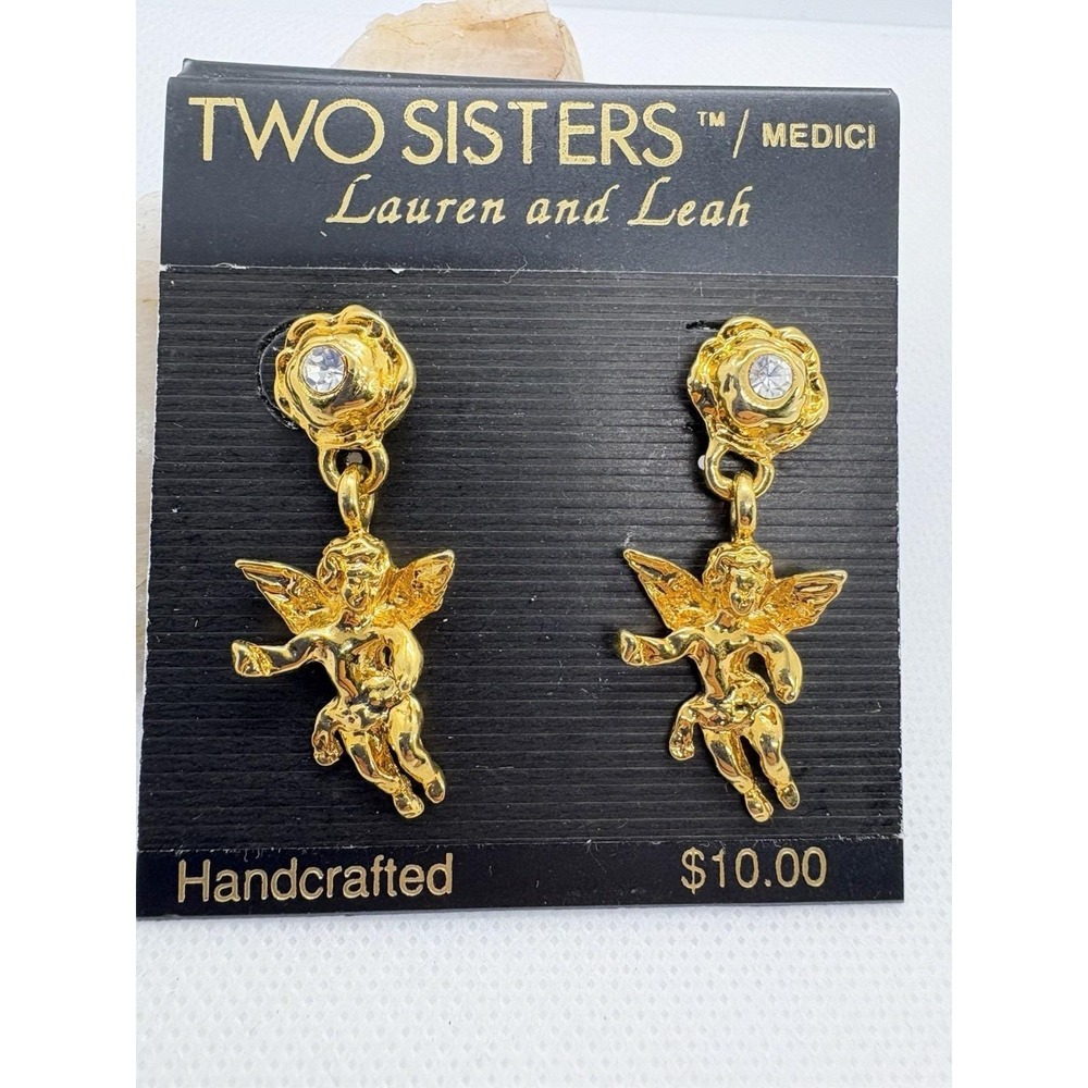 Vintage 90s Two Sisters Medici Gold Tone Cherub Drop Earrings Rhinestone Cupid